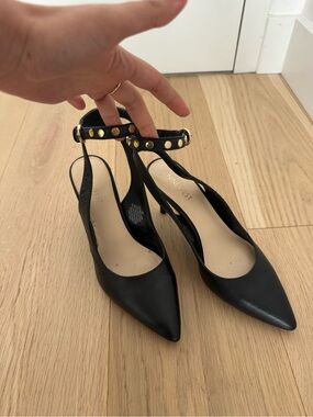 Nine West Black Pointed Slingback Pumps with Gold Stud Accent